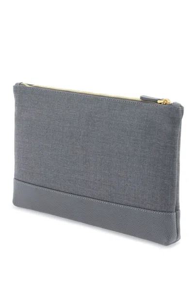 Shop Thom Browne Men's Grey Wool Pouch Handbag With Grained Leather Details And Iconic 4-bar