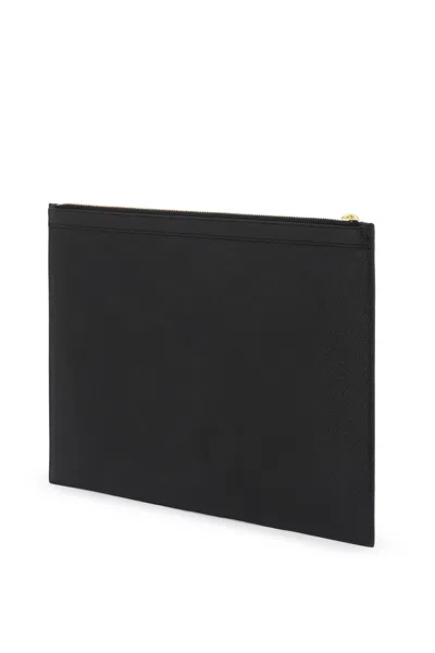 Shop Thom Browne Men's Pebbled Leather Medium Document Holder In Black With Tricolor Stripes