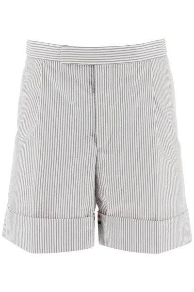Shop Thom Browne Men's Seersucker Single-pleat Shorts With Tricolor Details For Ss23 In Multicolor