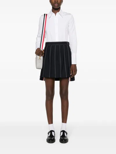 Shop Thom Browne Navy Blue Wool High-waisted Pleated Mini Skirt For Women