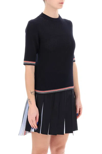 Shop Thom Browne Navy Pointelle-knit T-shirt For Women's Ss24 Collection In Blue