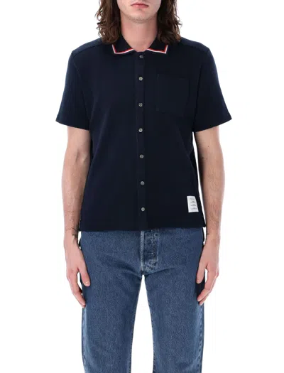 Shop Thom Browne Navy Textured Knit Polo Shirt For Men