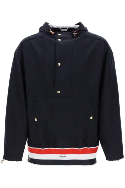 Shop Thom Browne Navy Wool Anorak With Tricolor Details In Blue