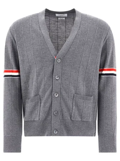 Shop Thom Browne Relaxed Fit V-neck Cardigan With Rwb Detail In Gray In Grey
