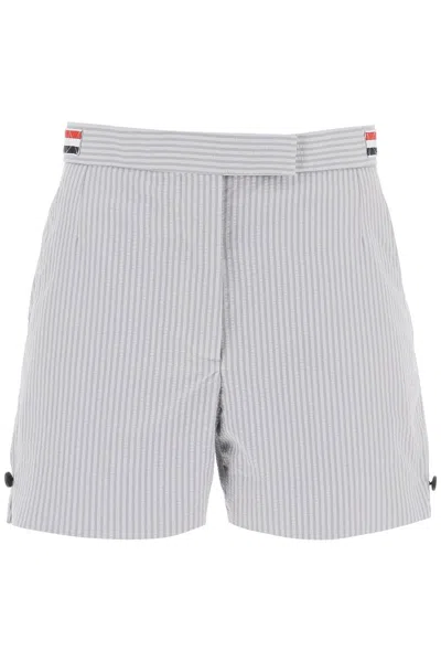 Shop Thom Browne Striped Seersucker Cotton Tailoring Shorts With Adjustable Straps And Tricolor Tab In Grey