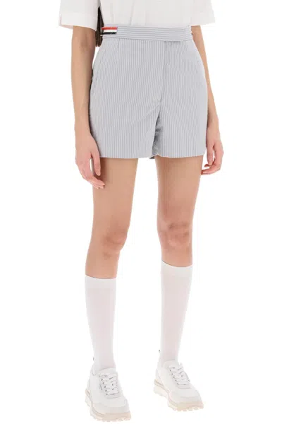 Shop Thom Browne Striped Seersucker Cotton Tailoring Shorts With Adjustable Straps And Tricolor Tab In Grey