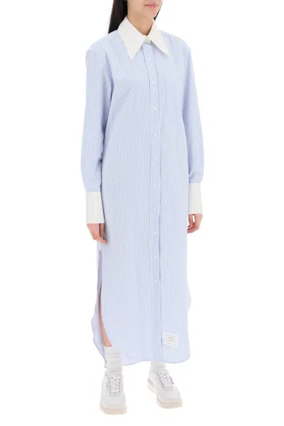 Shop Thom Browne Striped Seersucker Maxi Dress With High Silk Faille Cuffs For Women In Multicolor