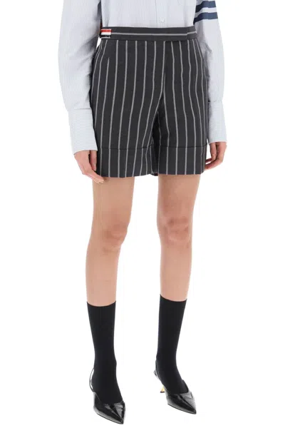 Shop Thom Browne Striped Tailoring Shorts In Light Wool With Cuffed Hem In Grey