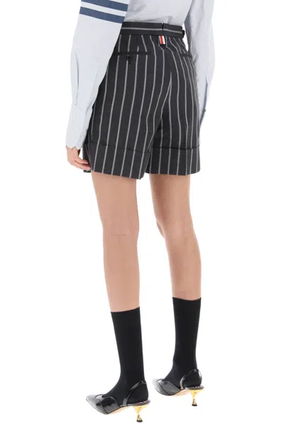 Shop Thom Browne Striped Tailoring Shorts In Light Wool With Cuffed Hem In Grey