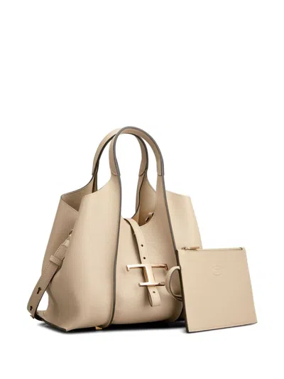 Shop Tod's Beige Grained Leather Handbag With Gold-tone Accents And Circular Handles