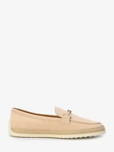 Shop Tod's Nude Suede Loafers With Raffia Insert And Double T Ring Accessory In Beige