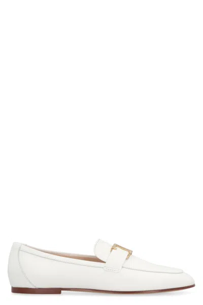 Shop Tod's Timeless Front Metal Logo Leather Loafers For Women In White