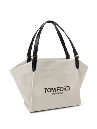 Shop Tom Ford Ecru/black Logo Print Canvas And Leather Tote Handbag For Women (ss24) In Tan