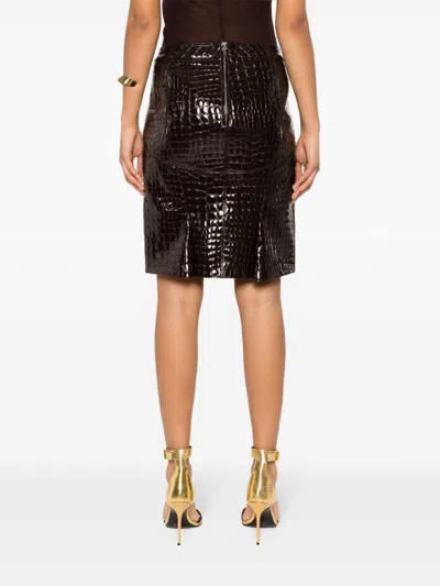 Shop Tom Ford Embossed Leather Midi Skirt In Chocolate Brown For Women In Marrone Scuro