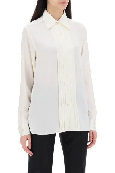 Shop Tom Ford Fluid Silk Charmeuse Blouse Shirt With Pleated Front And Round Cuffs For Women In Multicolor