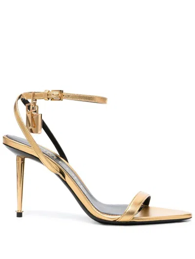 Shop Tom Ford Glamorous Metallic Leather Sandals With Padlock Detail In Silver
