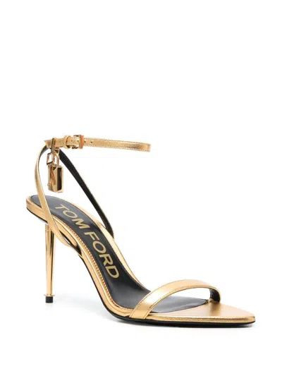 Shop Tom Ford Glamorous Metallic Leather Sandals With Padlock Detail In Silver