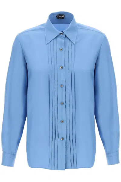Shop Tom Ford Light Blue Pleated Bib Shirt For Women