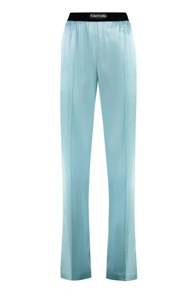 Shop Tom Ford Luxurious Black Silk Palazzo Trousers For Women In Light Blue