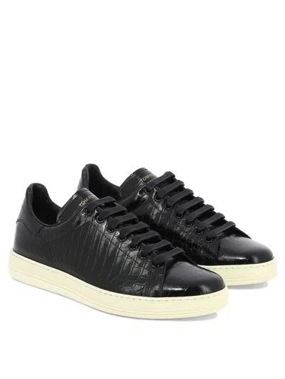 Shop Tom Ford Men's Croc-print Leather Lace-up Sneakers In Black For Ss24