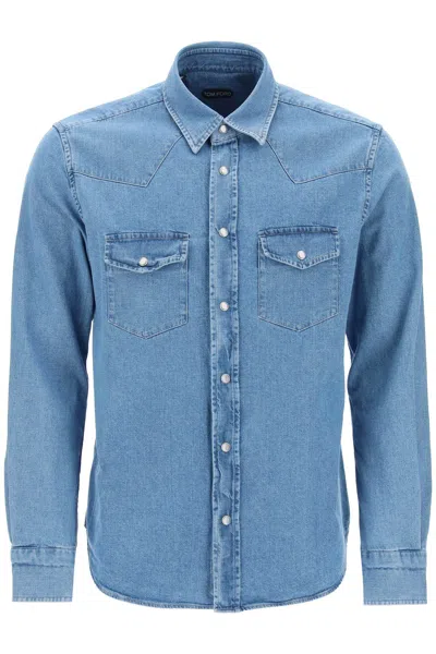 Shop Tom Ford Men's Indigo Wash Cotton Denim Western Shirt In Blue
