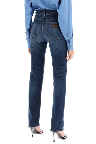 Shop Tom Ford Navy Straight Leg Jeans For Women With Stone Wash Treatment In Blue
