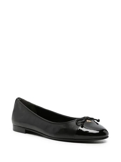 Shop Tory Burch Women's Leather Ballet Flats With Logo And Front Bow In Black