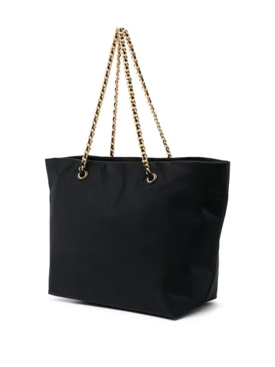 Shop Tory Burch Black Logo-patch Tote Handbag For Women With Fabric And Chain-link Handles
