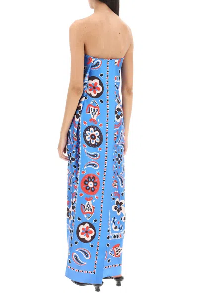 Shop Tory Burch Blue Abstract Printed Silk Bandeau Maxi Dress For Women Fw23