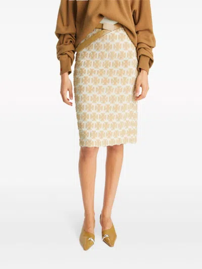 Shop Tory Burch Bouclé Mid-length Skirt In Sand Beige And Cloud White
