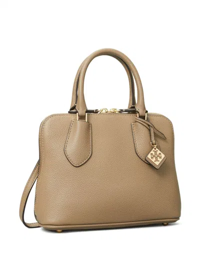 Shop Tory Burch Taupe Grained Leather Handbag With Logo Charm And Gold-tone Hardware In Dove Grey