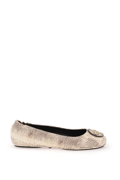 Shop Tory Burch Python Leather Ballerina Flats With Double T Detail In Grey