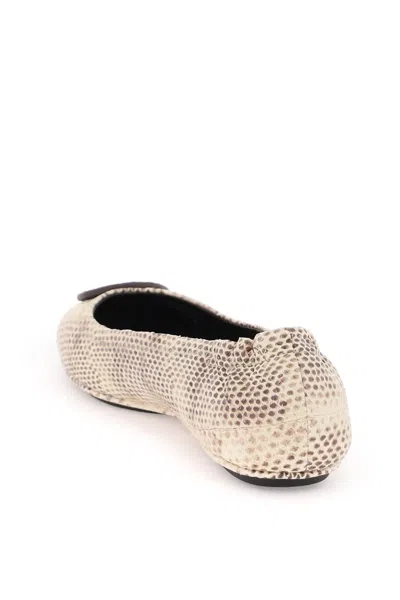 Shop Tory Burch Python Leather Ballerina Flats With Double T Detail In Grey