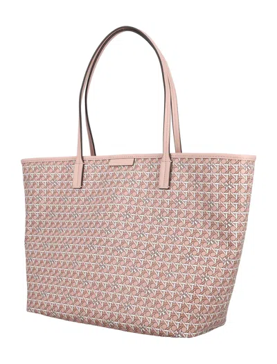 Shop Tory Burch Printed Coated Canvas Tote Handbag With Faux Leather Trim And Brass Hardware In Winter Peach In Winter_peach