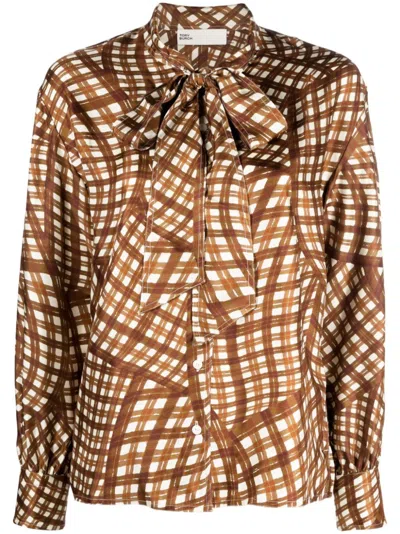 Shop Tory Burch Printed Silk Blouse | Bow-fastening Shirt With Gingham Check Pattern In Brown