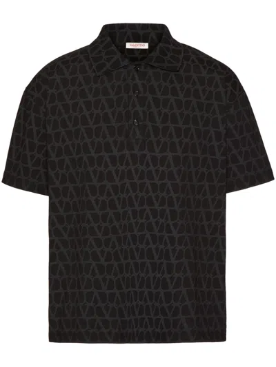 Shop Valentino Black Logo Print Cotton Polo Shirt For Men