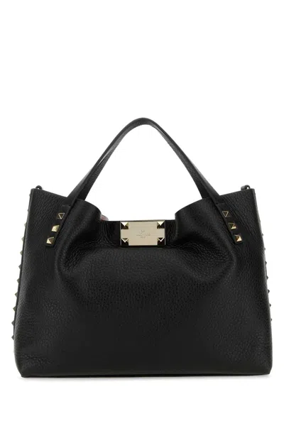 Shop Valentino Black Grained Calfskin Rockstud Small Handbag With Platinum Studs