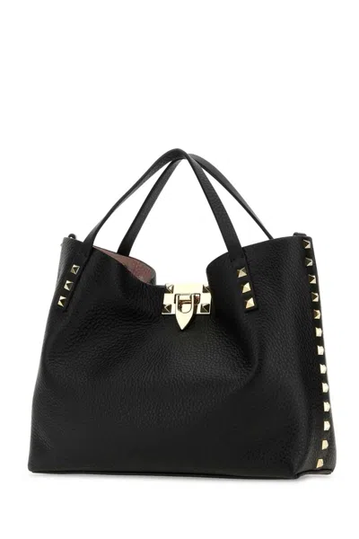 Shop Valentino Black Grained Calfskin Rockstud Small Handbag With Platinum Studs