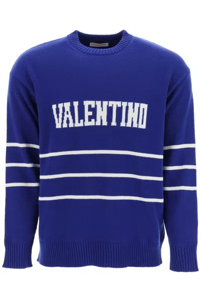 Shop Valentino Blue Wool Pullover With Striped Detail And Logo
