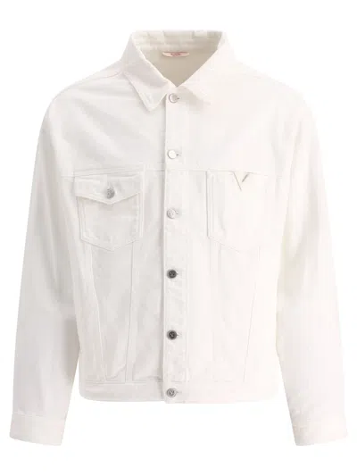 Shop Valentino White Denim Jacket With Rubberised V Detail For Men