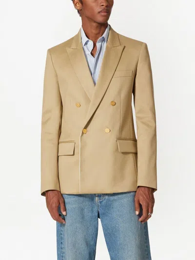 Shop Valentino Sand-colored Double-breasted Cotton Jacket For Men In Beige