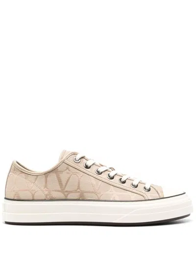 Shop Valentino Beige Jacquard Low-top Sneakers With Leather Details For Men
