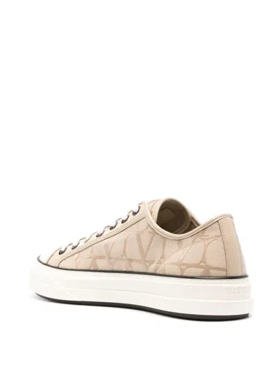 Shop Valentino Beige Jacquard Low-top Sneakers With Leather Details For Men
