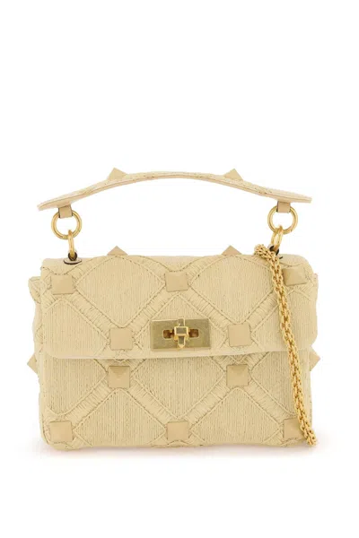 Shop Valentino Beige Raffia Shoulder Handbag With Maxi Studs