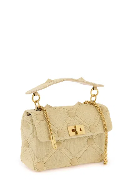 Shop Valentino Beige Raffia Shoulder Handbag With Maxi Studs