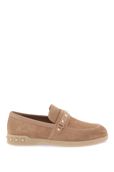 Shop Valentino Women's Brown Suede Moccasins With Stud Detailing
