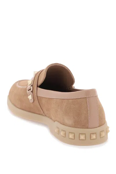Shop Valentino Women's Brown Suede Moccasins With Stud Detailing