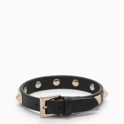 Shop Valentino Black Leather Bracelet With Gold Studs For Women