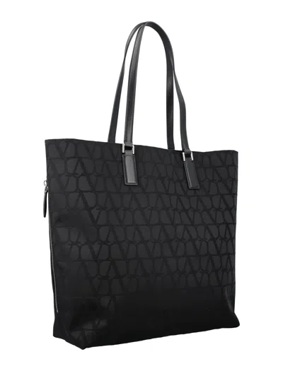 Shop Valentino Black Technical Fabric And Leather Shopping Handbag For Men