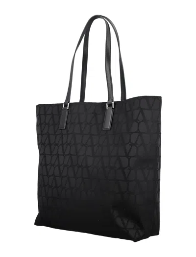 Shop Valentino Black Technical Fabric And Leather Shopping Handbag For Men